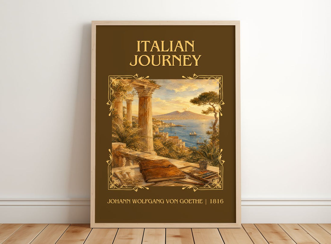 Italian Journey Classic Book Art Print by Johann Wolfgang Von Goethe – framed print leaning on a wooden floor