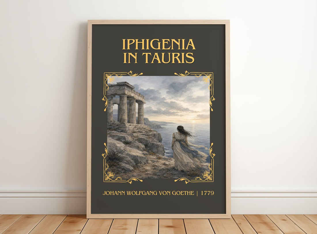 Iphigenia In Tauris Classic Book Art Print by J. Goethe – framed print leaning on a wooden floor