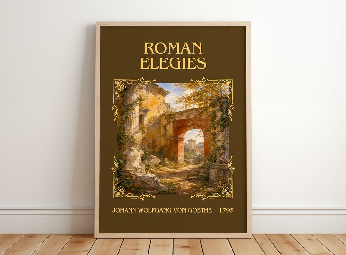 Roman Elegies Classic Book Art Print by Johann Wolfgang Von Goethe – framed print leaning on a wooden floor