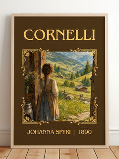Cornelli Classic Book Art Print by Johanna Spyri – framed print leaning on a wooden floor