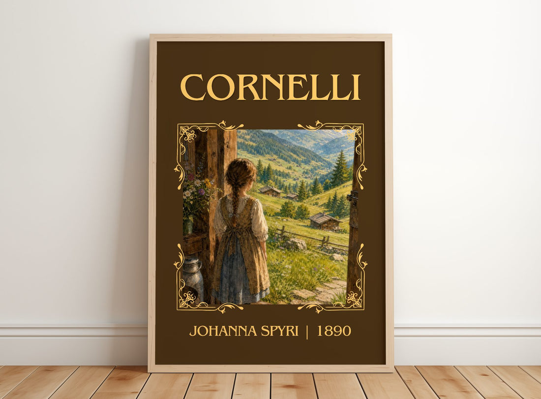Cornelli Classic Book Art Print by Johanna Spyri – framed print leaning on a wooden floor