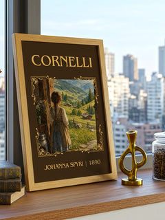 Cornelli Classic Book Art Print by Johanna Spyri – framed print on a city-view windowsill