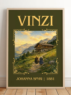 Vinzi Classic Book Art Print by Johanna Spyri – framed print leaning on a wooden floor