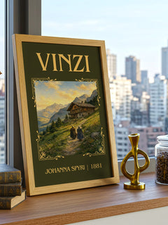 Vinzi Classic Book Art Print by Johanna Spyri – framed print on a city-view windowsill