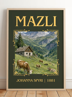 Mazli Classic Book Art Print by Johanna Spyri – framed print leaning on a wooden floor