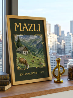 Mazli Classic Book Art Print by Johanna Spyri – framed print on a city-view windowsill