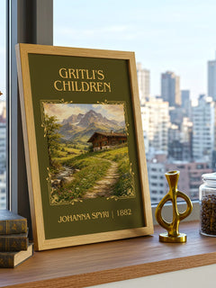 Gritli's Children Classic Book Art Print by Johanna Spyri – framed print on a city-view windowsill