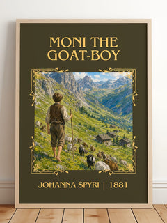 Moni The Goat-Boy Classic Book Art Print by Johanna Spyri – framed print leaning on a wooden floor