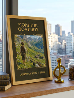 Moni The Goat-Boy Classic Book Art Print by Johanna Spyri – framed print on a city-view windowsill