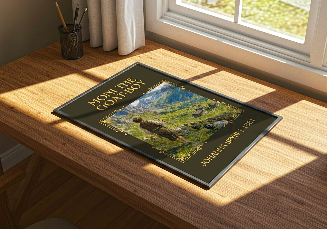 Moni The Goat-Boy Classic Book Art Print by Johanna Spyri – print on a sunlit desk