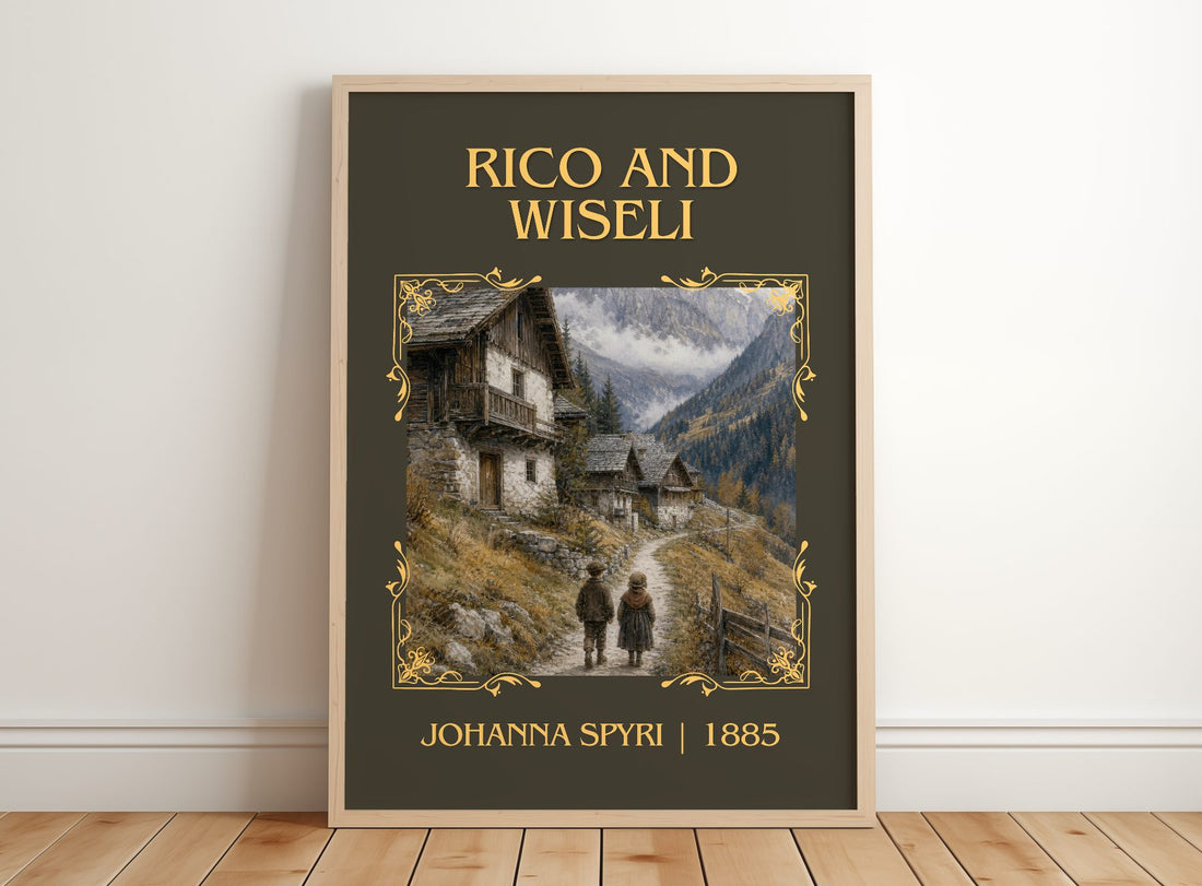 Rico And Wiseli Classic Book Art Print by Johanna Spyri – framed print leaning on a wooden floor