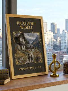 Rico And Wiseli Classic Book Art Print by Johanna Spyri – framed print on a city-view windowsill