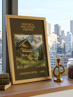 Veronica And Other Friends Classic Book Art Print by Johanna Spyri – framed print on a city-view windowsill