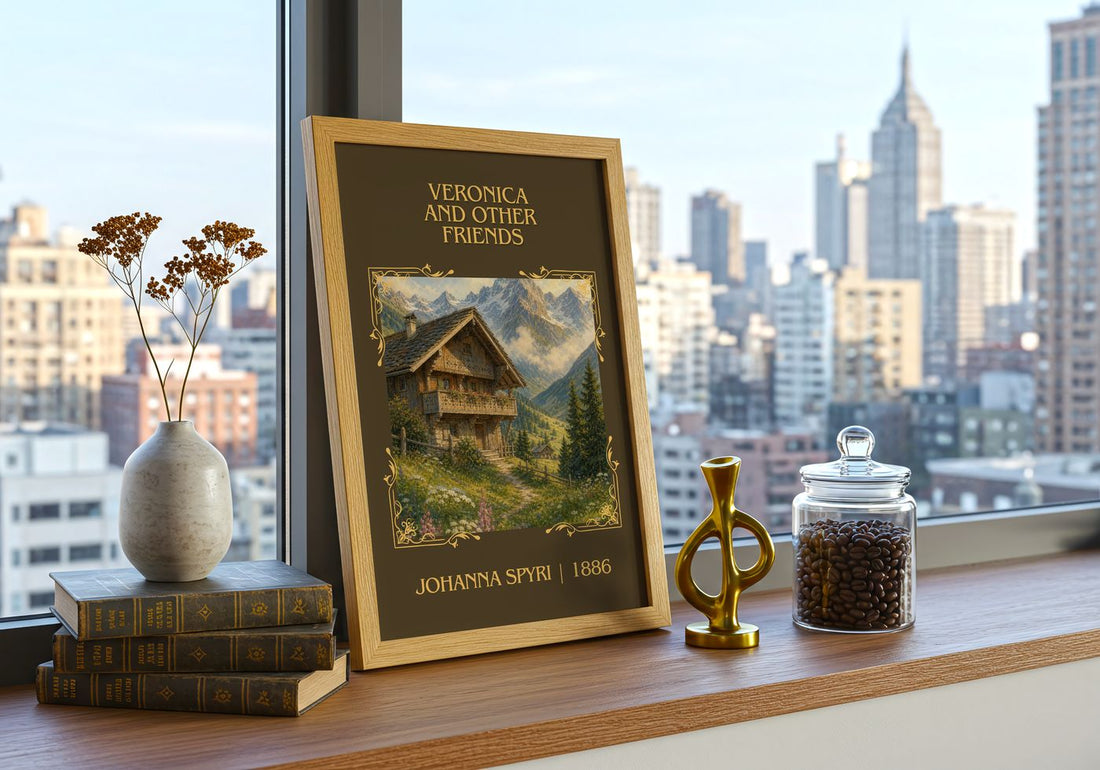 Veronica And Other Friends Classic Book Art Print by Johanna Spyri – framed print on a city-view windowsill
