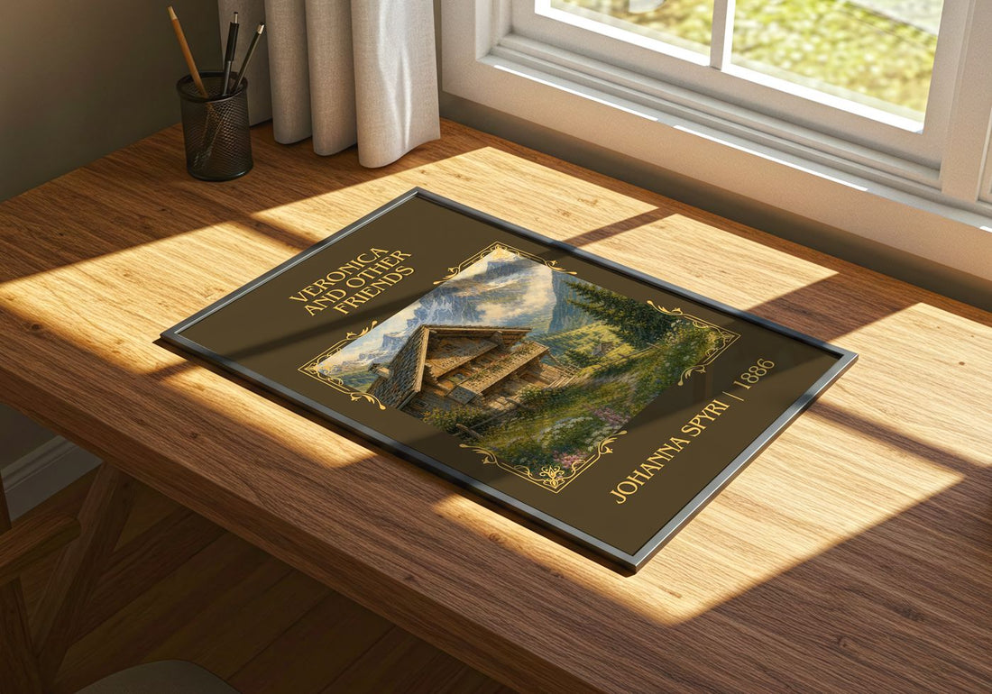 Veronica And Other Friends Classic Book Art Print by Johanna Spyri – print on a sunlit desk