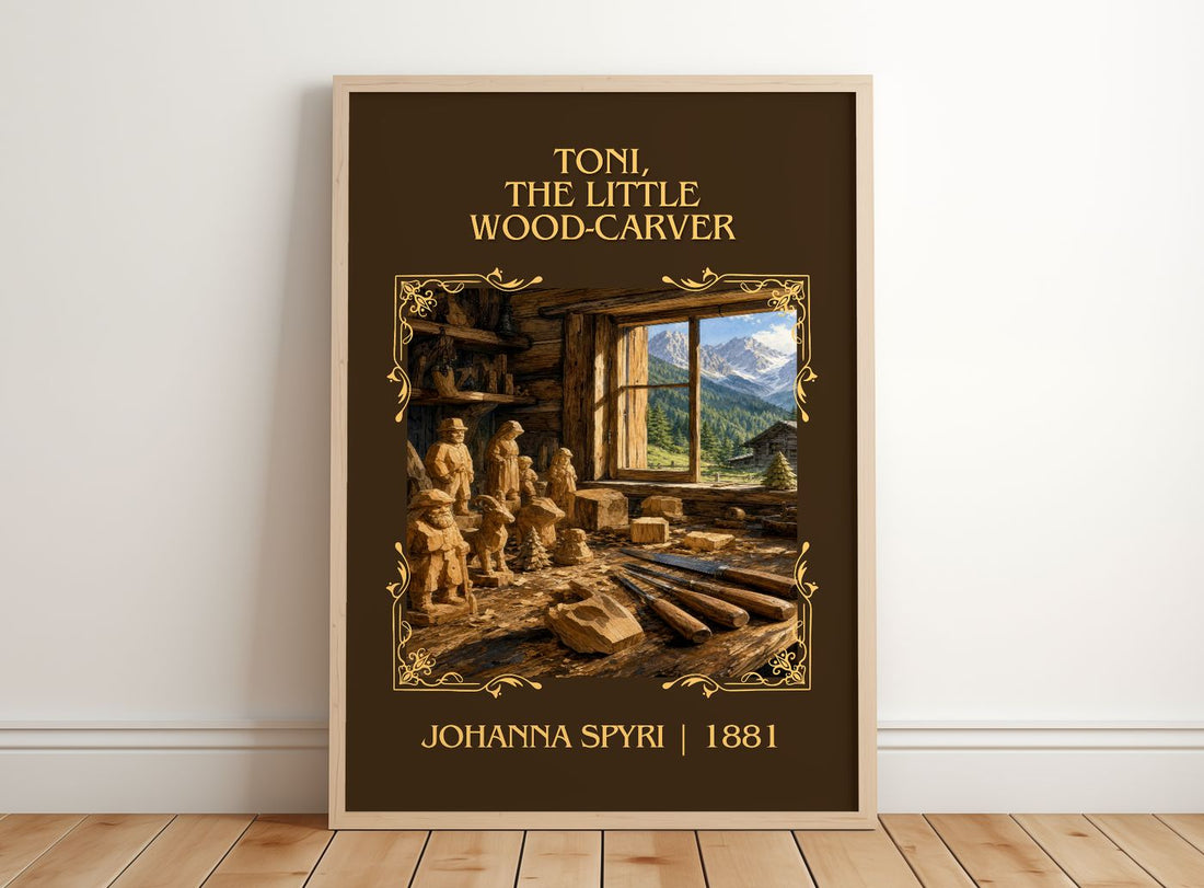 Toni, The Little Wood-Carver Classic Book Art Print by Johanna Spyri – framed print leaning on a wooden floor