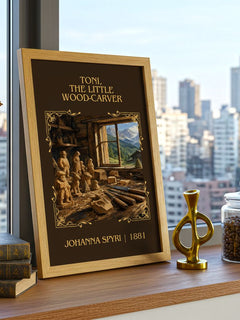 Toni, The Little Wood-Carver Classic Book Art Print by Johanna Spyri – framed print on a city-view windowsill