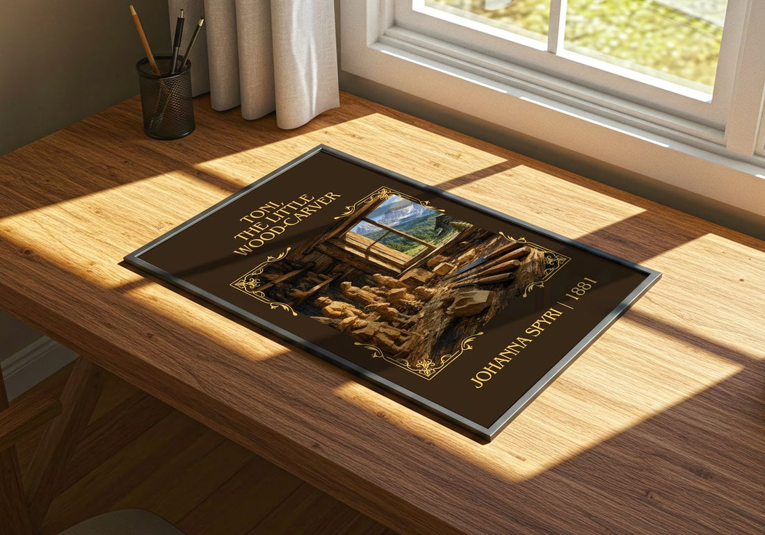 Toni, The Little Wood-Carver Classic Book Art Print by Johanna Spyri – print on a sunlit desk