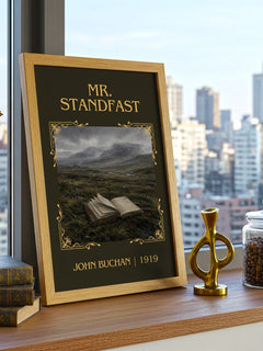 Mr. Standfast Classic Book Art Print by John Buchan – framed print on a city-view windowsill