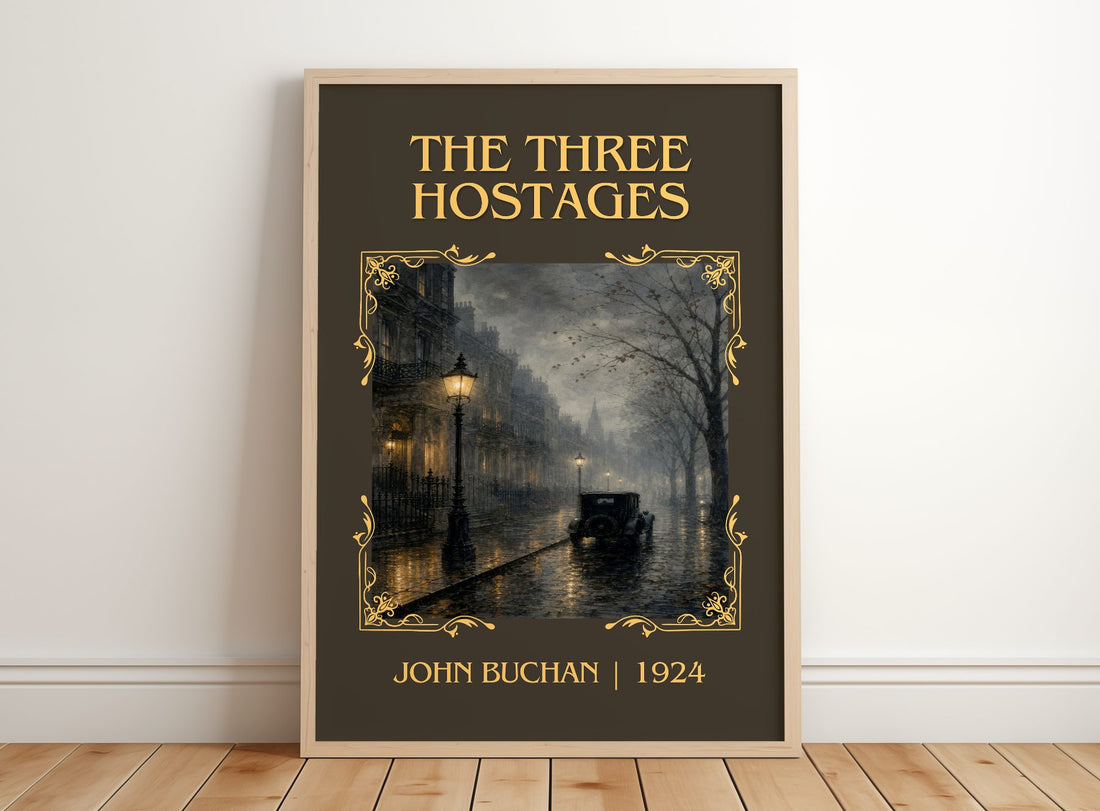 The Three Hostages Classic Book Art Print by John Buchan – framed print leaning on a wooden floor