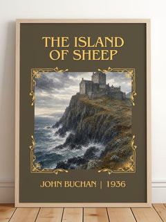 The Island Of Sheep Classic Book Art Print by John Buchan – framed print leaning on a wooden floor