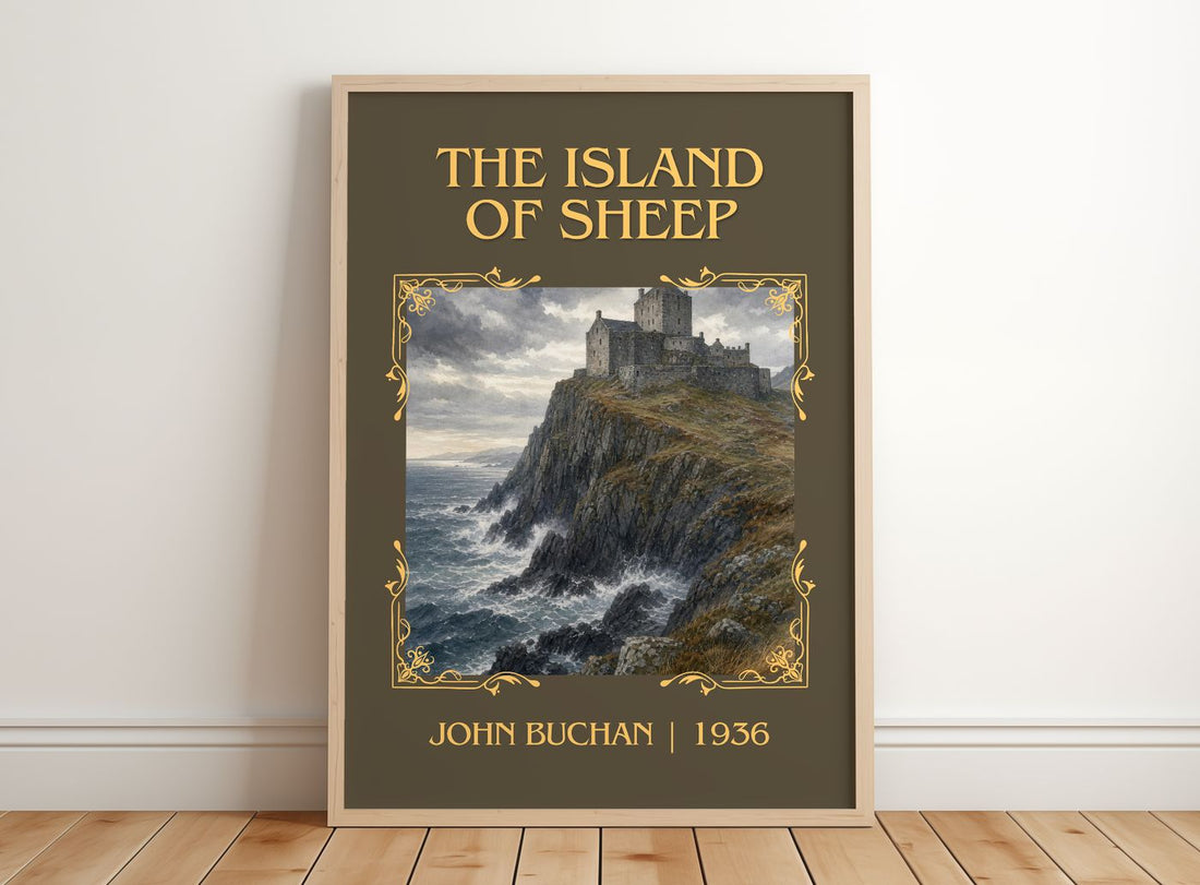 The Island Of Sheep Classic Book Art Print by John Buchan – framed print leaning on a wooden floor