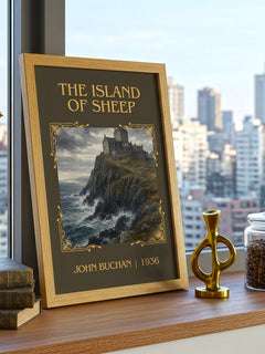 The Island Of Sheep Classic Book Art Print by John Buchan – framed print on a city-view windowsill
