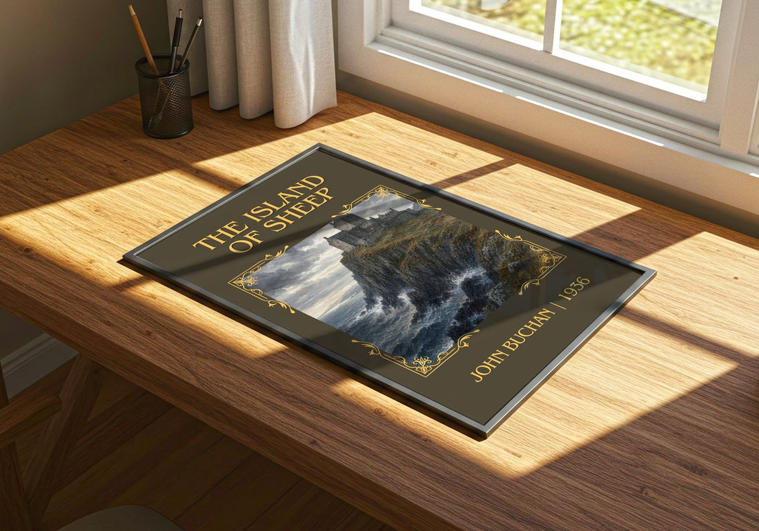 The Island Of Sheep Classic Book Art Print by John Buchan – print on a sunlit desk