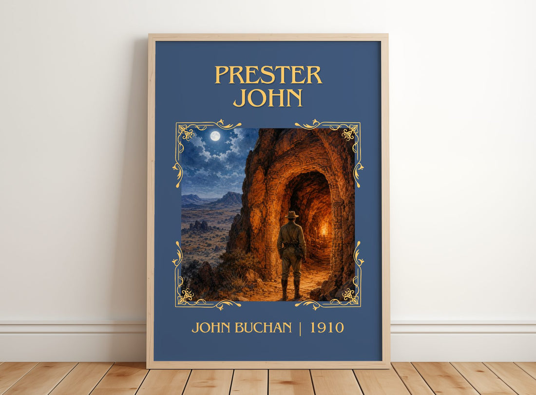 Prester John Classic Book Art Print by John Buchan – framed print leaning on a wooden floor