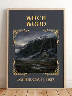 Witch Wood Classic Book Art Print by John Buchan – framed print leaning on a wooden floor