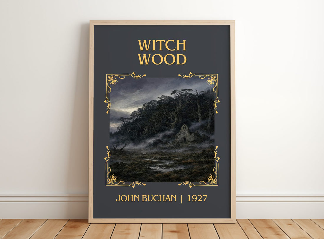 Witch Wood Classic Book Art Print by John Buchan – framed print leaning on a wooden floor