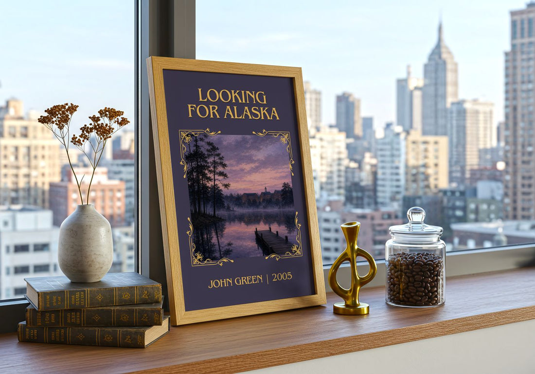 Looking For Alaska Classic Book Art Print by John Green – framed print on a city-view windowsill