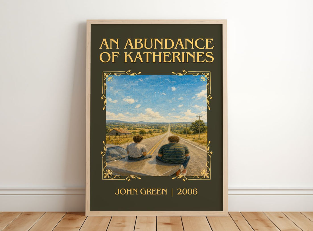 An Abundance Of Katherines Classic Book Art Print by John Green – framed print leaning on a wooden floor