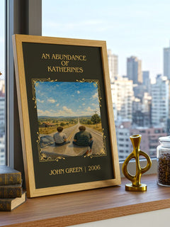 An Abundance Of Katherines Classic Book Art Print by John Green – framed print on a city-view windowsill