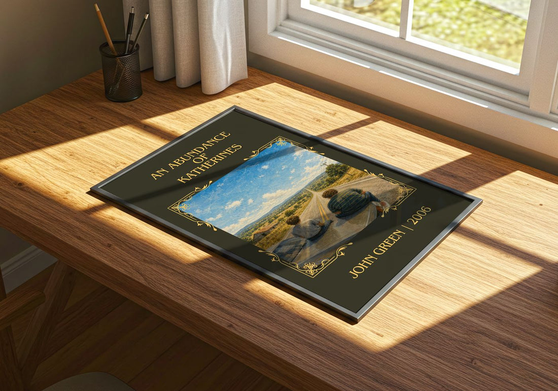 An Abundance Of Katherines Classic Book Art Print by John Green – print on a sunlit desk