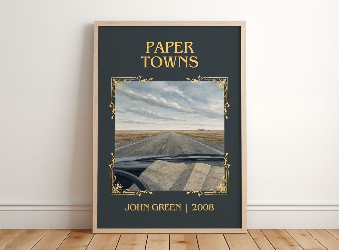 Paper Towns Classic Book Art Print by John Green – framed print leaning on a wooden floor