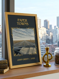 Paper Towns Classic Book Art Print by John Green – framed print on a city-view windowsill