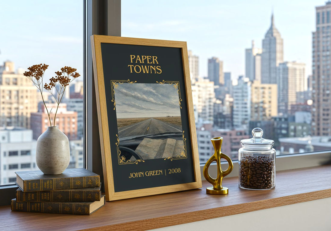Paper Towns Classic Book Art Print by John Green – framed print on a city-view windowsill