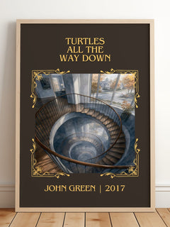 Turtles All The Way Down Classic Book Art Print by John Green – framed print leaning on a wooden floor