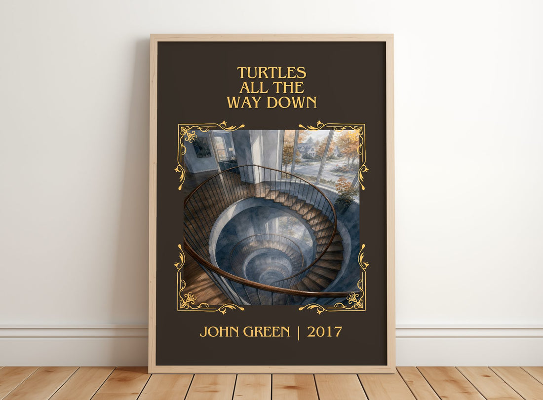Turtles All The Way Down Classic Book Art Print by John Green – framed print leaning on a wooden floor