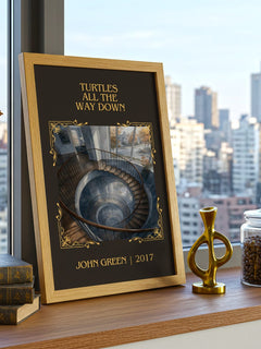 Turtles All The Way Down Classic Book Art Print by John Green – framed print on a city-view windowsill