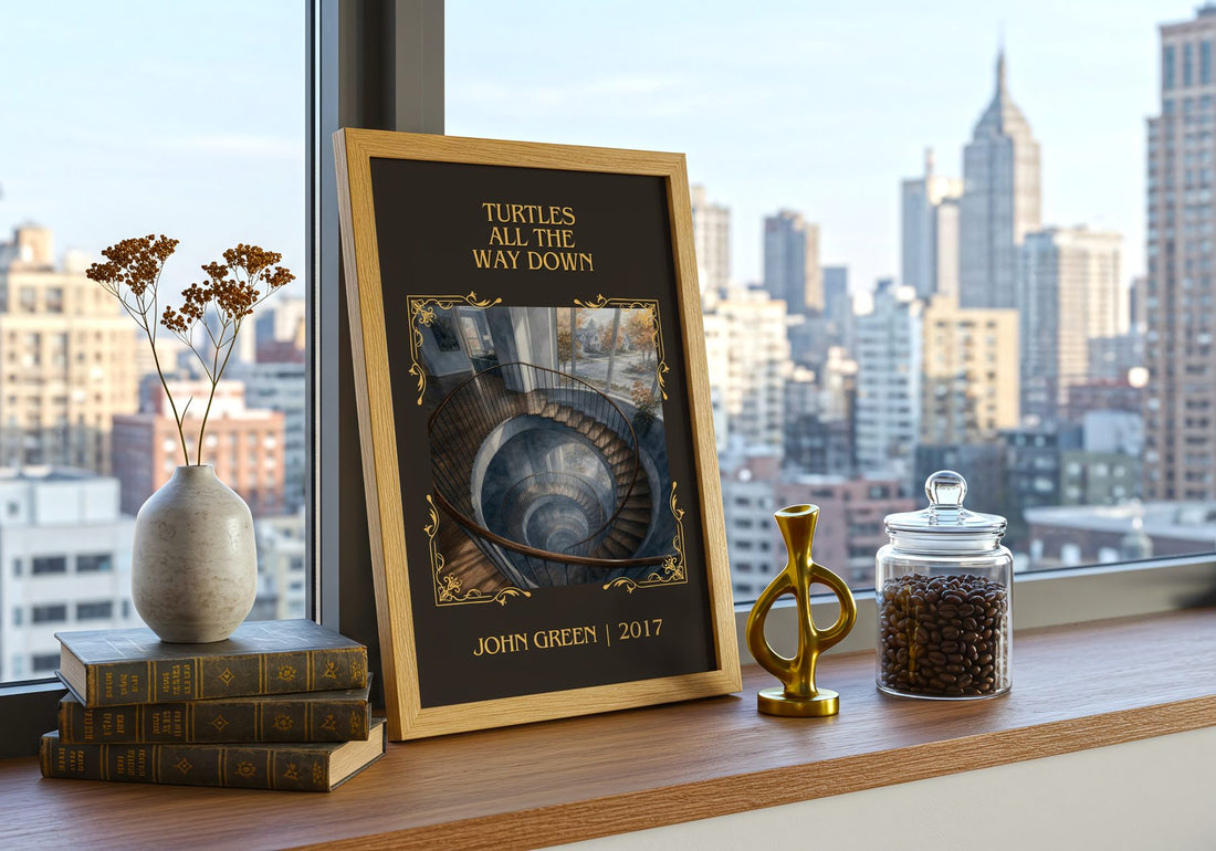 Turtles All The Way Down Classic Book Art Print by John Green – framed print on a city-view windowsill