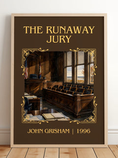 The Runaway Jury Classic Book Art Print by John Grisham – framed print leaning on a wooden floor