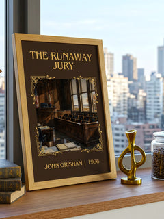 The Runaway Jury Classic Book Art Print by John Grisham – framed print on a city-view windowsill