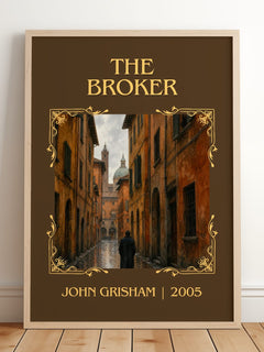 The Broker Classic Book Art Print by John Grisham – framed print leaning on a wooden floor