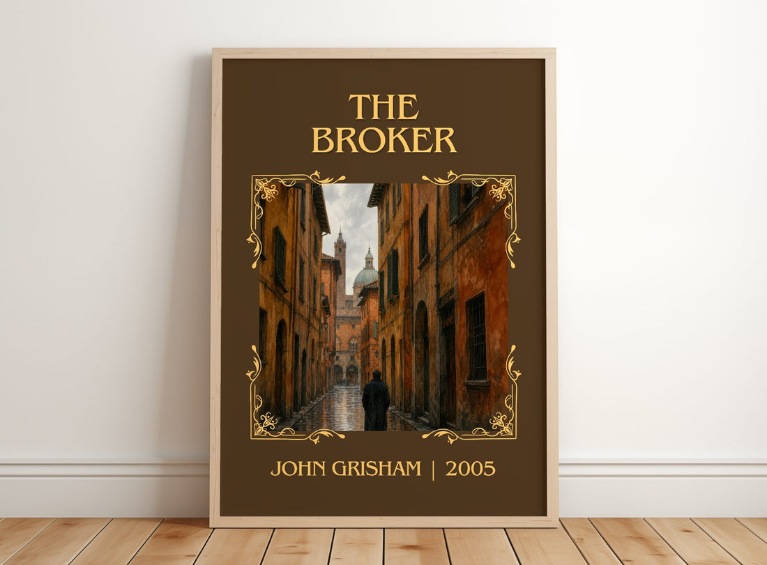 The Broker Classic Book Art Print by John Grisham – framed print leaning on a wooden floor