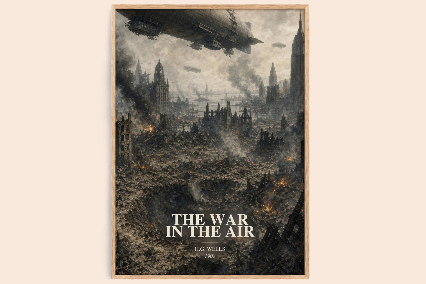 The War In The Air watercolour book poster by H.G. Wells – framed literary art print