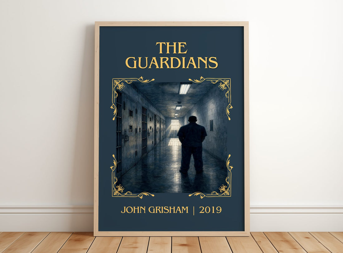 The Guardians Classic Book Art Print by John Grisham – framed print leaning on a wooden floor