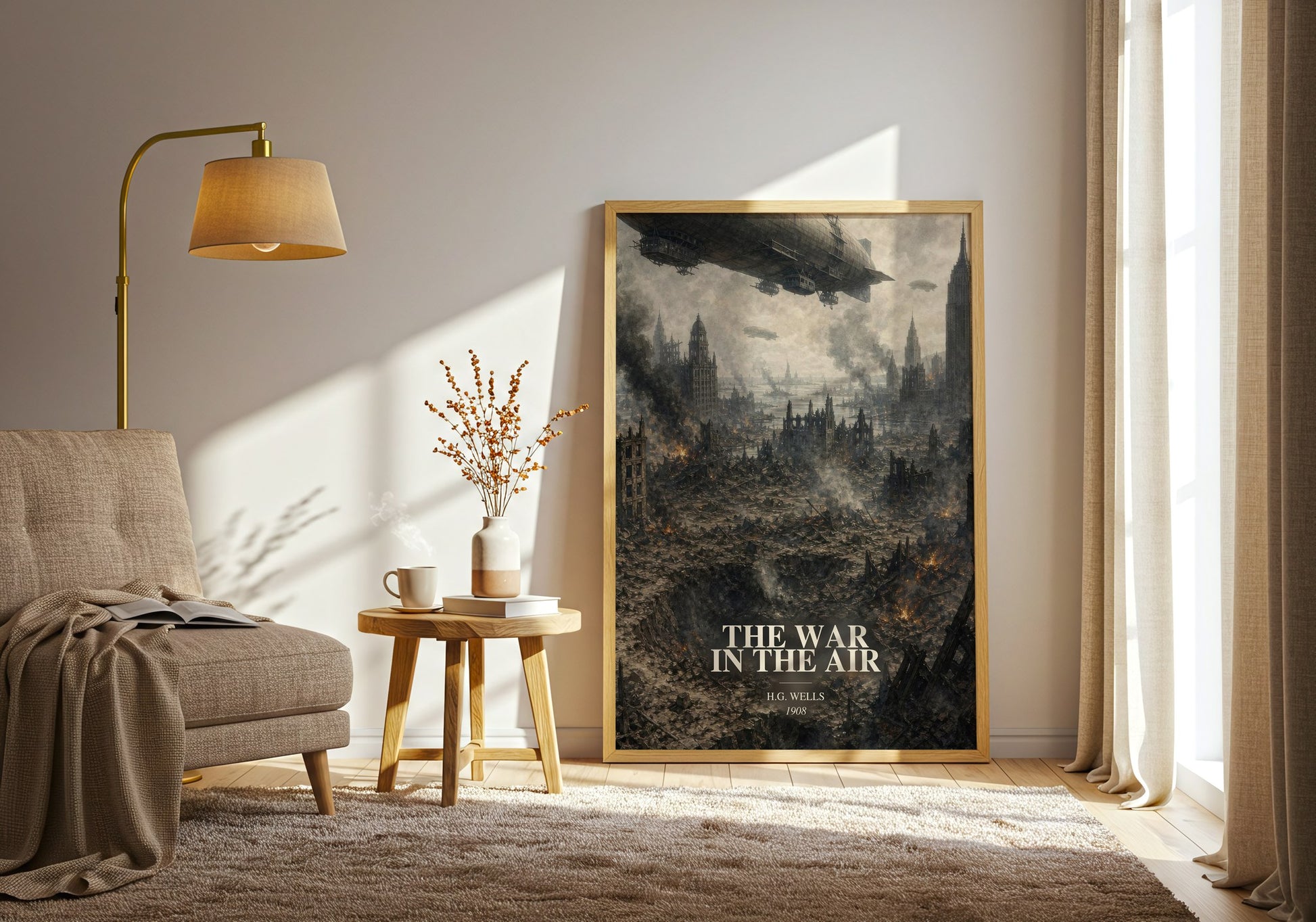The War In The Air watercolour print in frame leaning in hallway – sci fi wall art