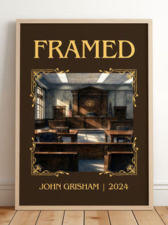 Framed Classic Book Art Print by John Grisham – framed print leaning on a wooden floor